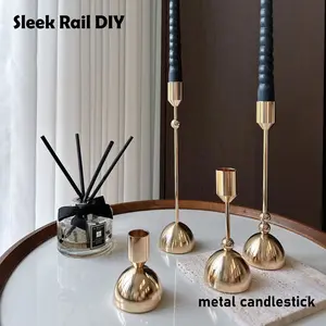 Set of 4 Brass Plated Candlestick Holders - Sleek Nordic Metal Candle Holders for Cozy Room Vibe & Romantic Ambiance outdoorfun