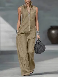 New Workwear Style Casual Long Pants, Sleeveless Stand Collar Wide Leg Pants, Versatile Women's Leisure Dress, Solid Pattern