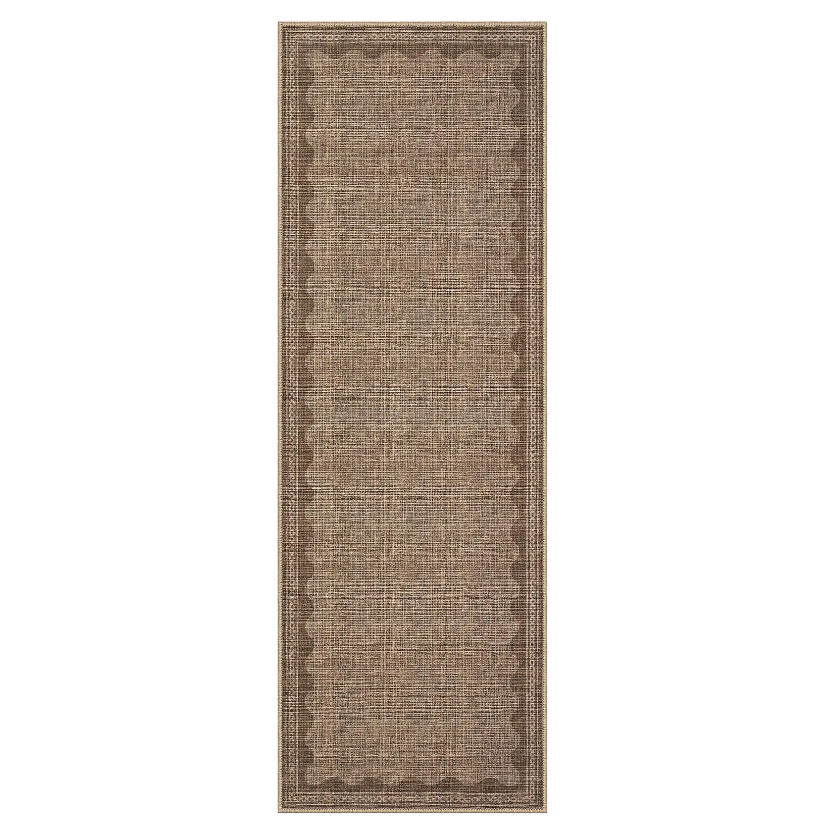 【Christmas Gift】2 x 6 ft Polyester Brown Rectangular Indoor Laundry Bathroom Kitchen Scalloped Modern Machine Washable Runner Rug