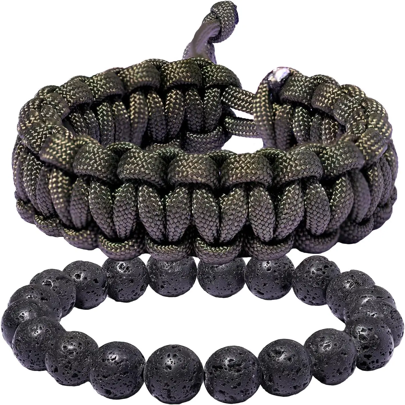2 count Adjustable Handmade  Paracord Bracelets Set Lava Stone Stretch Beaded Bracelets for Women Men Outdoor Hiking Camping Unisex