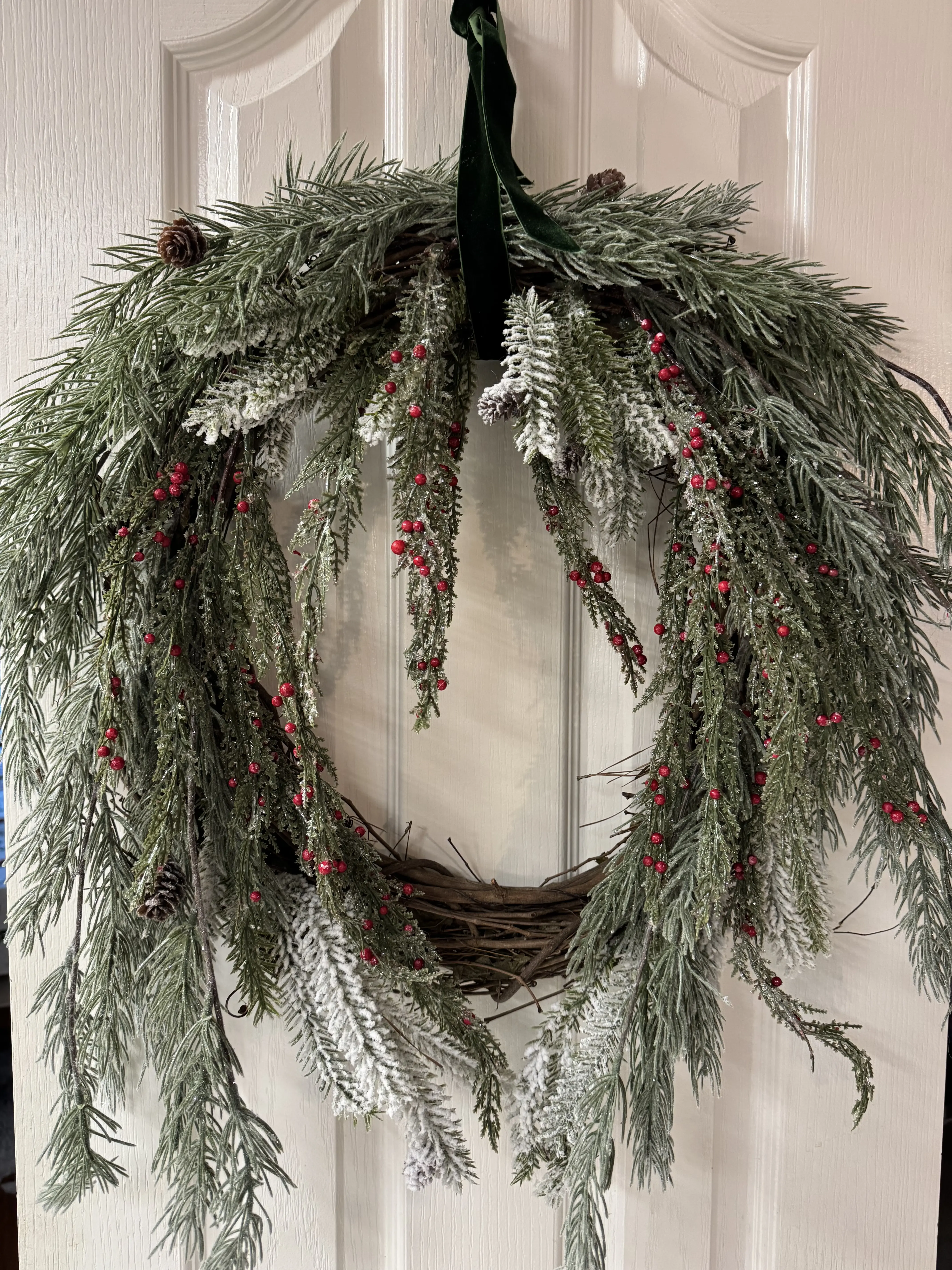Winter Welcome Wreath - Handcrafted with Natural Cypress, Red Berries, Snowy Pine & Pinecones for Door, Wall or Entryway Decor