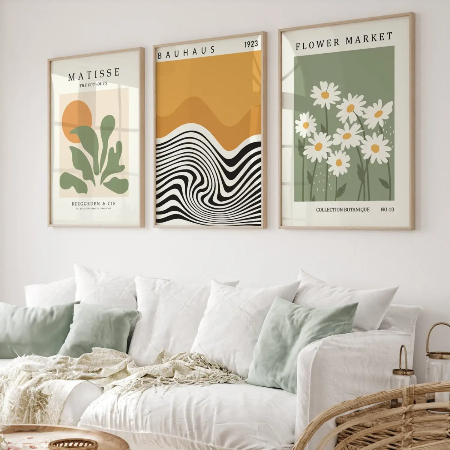 Matisse Green Wall Art Prints, Matisse Flower Market Print, Bauhaus Wall Art Poster, Danish Pastel, Sage Green Set of 3, Unframed