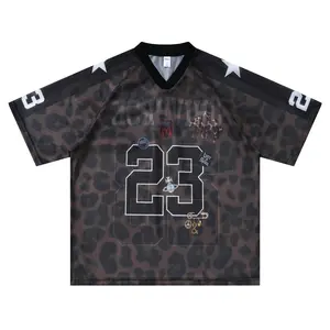 Inflation 260g Football Short Sleeve T-Shirt leopard print Streetwear Retro Element Heavyweight Oversize  Fashion Tall Slimming V-Neck Mesh Breathable Street Style Casual Top Unisex graphic tee