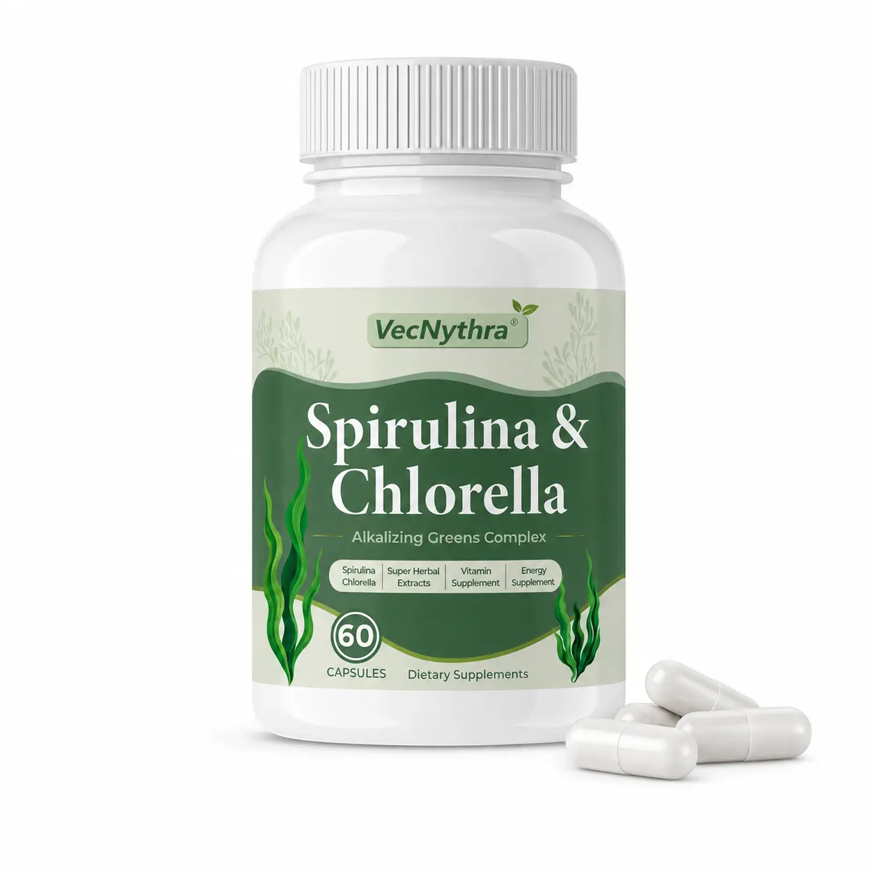 VecNythra Spirulina & Chlorella - Gut Health, Green Superfood Botanical Blend, Daily Dietary Supplement, 120 Vegan Capsules
