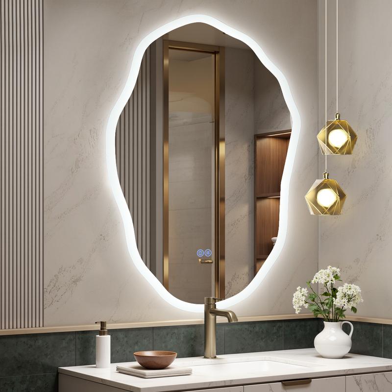 Irregular Shape Frameless Lighted Bathroom Vanity Mirror Backlit Front Lit Dimmable Anti Fog Wall Mounted Modern Design