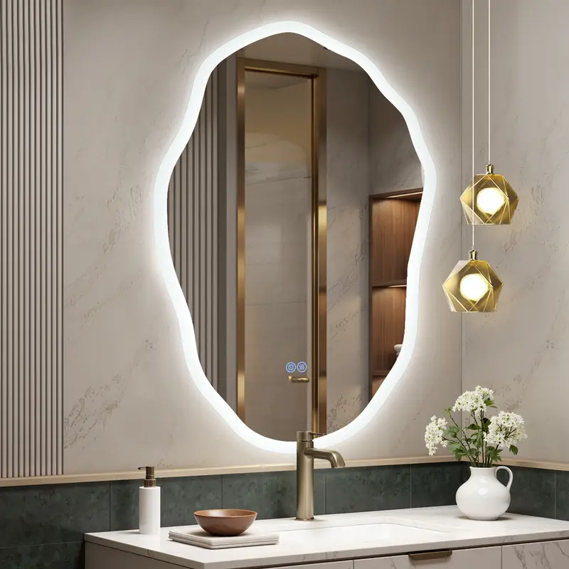 Irregular Shape Frameless Lighted Bathroom Vanity Mirror Backlit Front Lit Dimmable Anti Fog Wall Mounted Modern Design