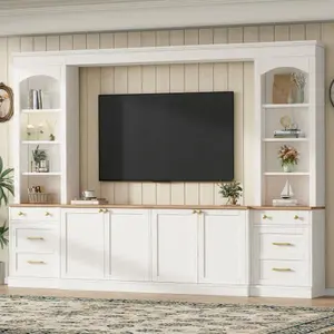 Bellemave   Farmhouse Arched Entertainment Center Wall Unit with Bookshelf, Retro Large TV Stand with Wood Grain for TVs Up to 70", 106inch Multi-Functional Media Console with Drawers for Living Room