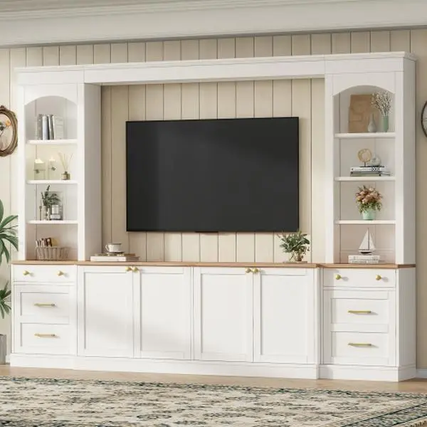 Bellemave   Farmhouse Arched Entertainment Center Wall Unit with Bookshelf, Retro Large TV Stand with Wood Grain for TVs Up to 70", 106inch Multi-Functional Media Console with Drawers for Living Room Tv Cabinet Table