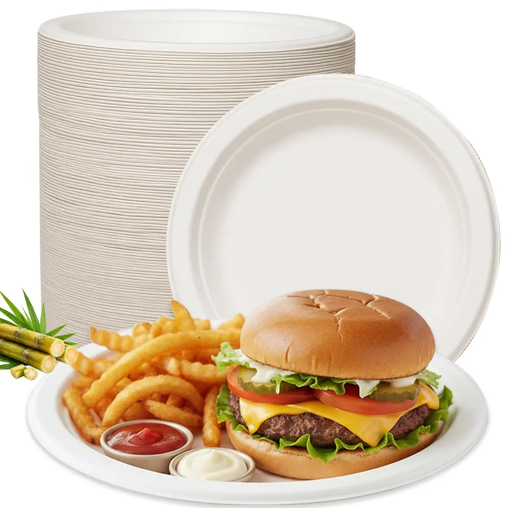 FPN Round Compostable Plates Heavy Duty Disposable Plates | Sugarcane Biodegradable Paper Plates, Microwave & Freezer Safe for Parties, Weddings, Catering & Daily Meals