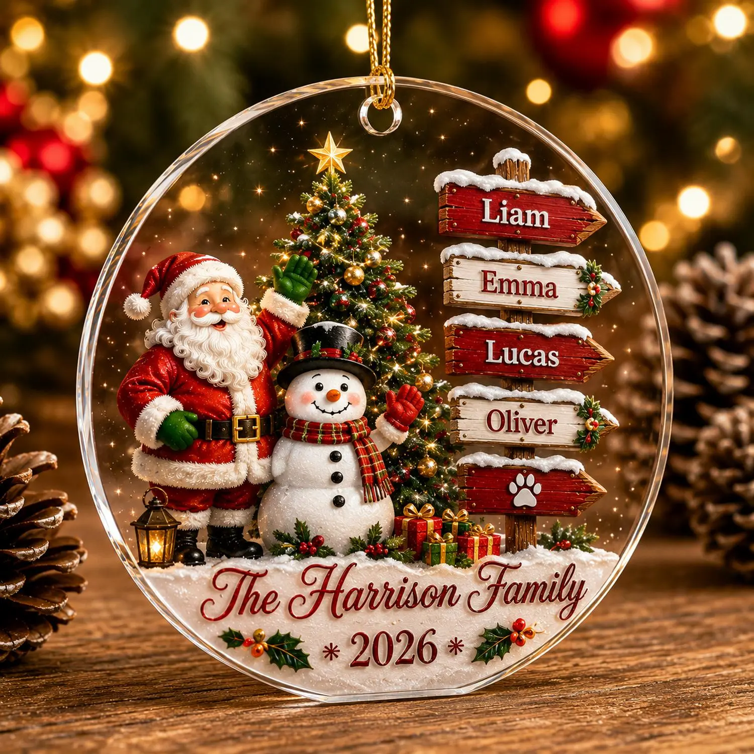 Custom Family Signpost Glass Ornament, Santa Snowman Keepsake, Personalized Christmas Tree Bauble, Family Keepsake Gift