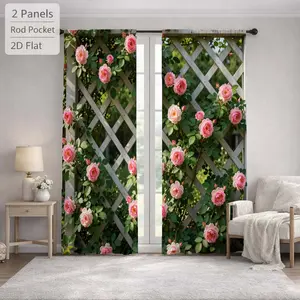 2Pcs Aesthetic Cottagecore Pink Rose Garden Trellis Sun Blocking Curtains Digital Printed Rod Pocket, Window Treatment For Bedroom Office Kitchen Living Room Study Home Decor