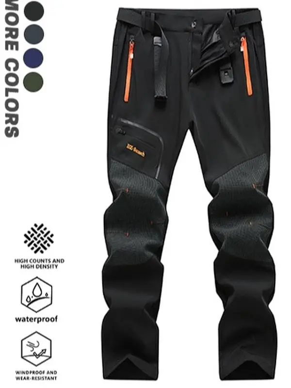 Men’s four-color outdoor shell pants—waterproof, windproof, fleece-lined for warmth, multi-pocket softshell hiking long pants; available in four colors, fleece-lined for warmth, multi-pocket outdoor hiking long pants.