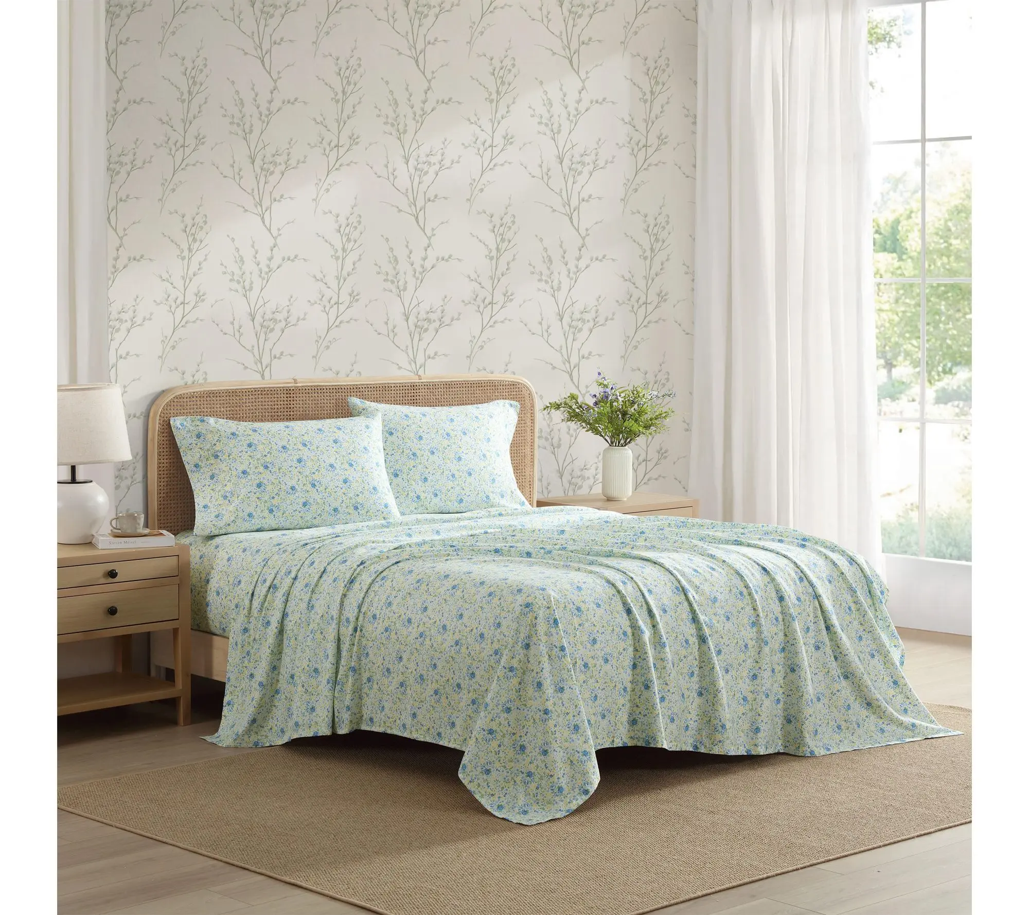 Laura Ashley Rowena Blue/Yellow Cotton Sateen Queen Sheet Set