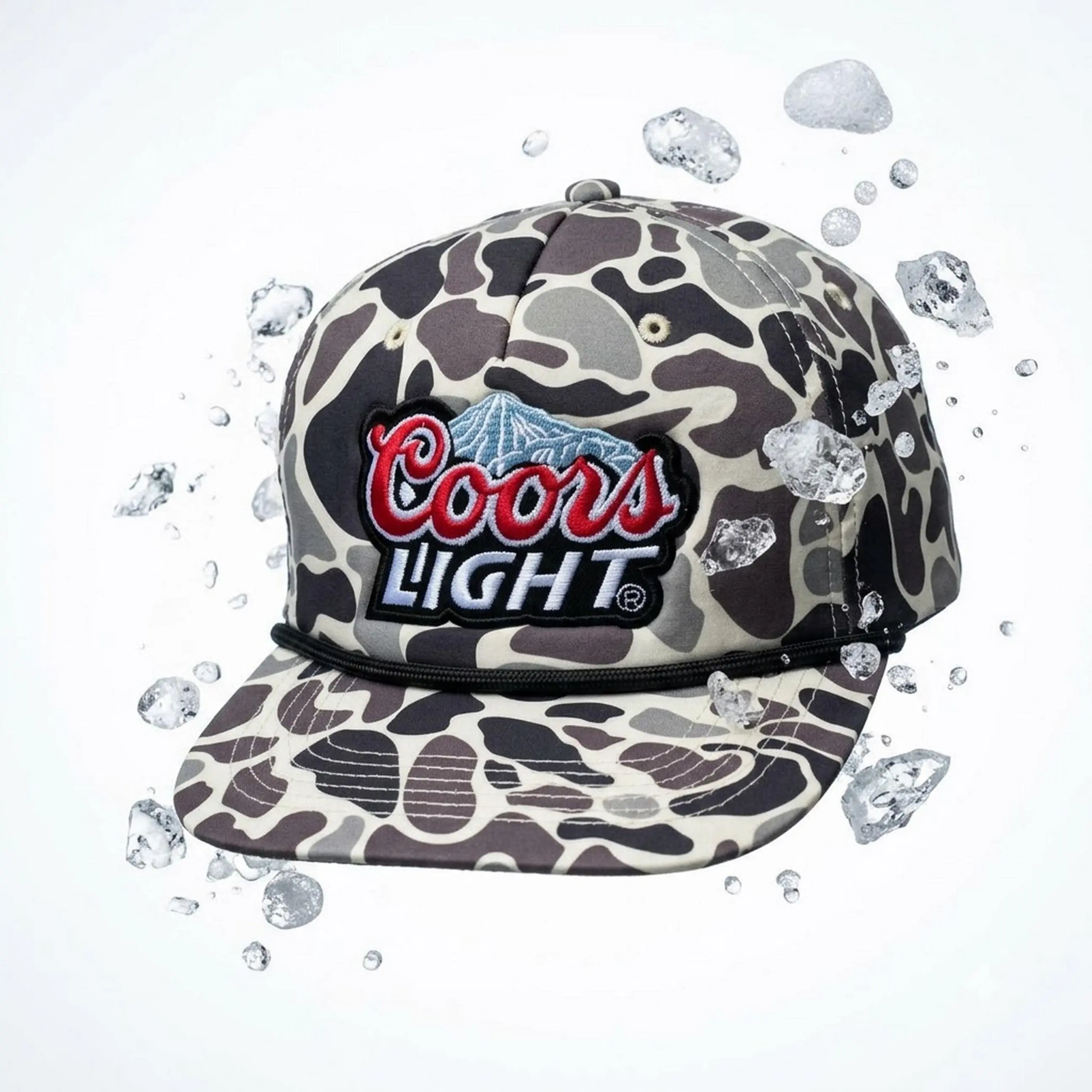 Coors Light Camo Patch Hat, Vintage Beer Logo Embroidered Snapback Cap, Duck Camo Rope Trucker Hat for Men, Retro Outdoor Hunting Fishing Country Baseball Hat, Adjustable Flat Brim Blue Collar Cap