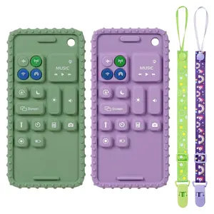 Silicone Teething Toys, Cell Phone Teether With 2PCS Pacifier Clip for 0-12 Months, BPA Free/Freezable/Dishwasher Safe