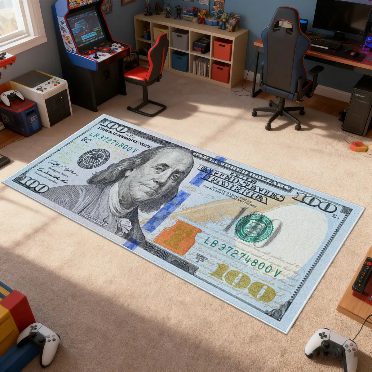 Dollar Rug, 1 Count $100 Dollar Bill pattern rug, soft comfortable rug, Furry bedside mat, Decorative Rug, Home Decor Rug, House Decor Rug, suitable for corridor, kitchen, bedroom, living room, multiple sizes available