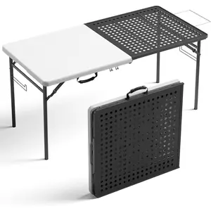 5ft Folding Table for Picnic Camping, Portable Outdoor Table with Metal Grid Grilling Surface, Heavy Duty Foldable Table for Cook Prep,Suitable for Camping, Backyard, Patio and Beach