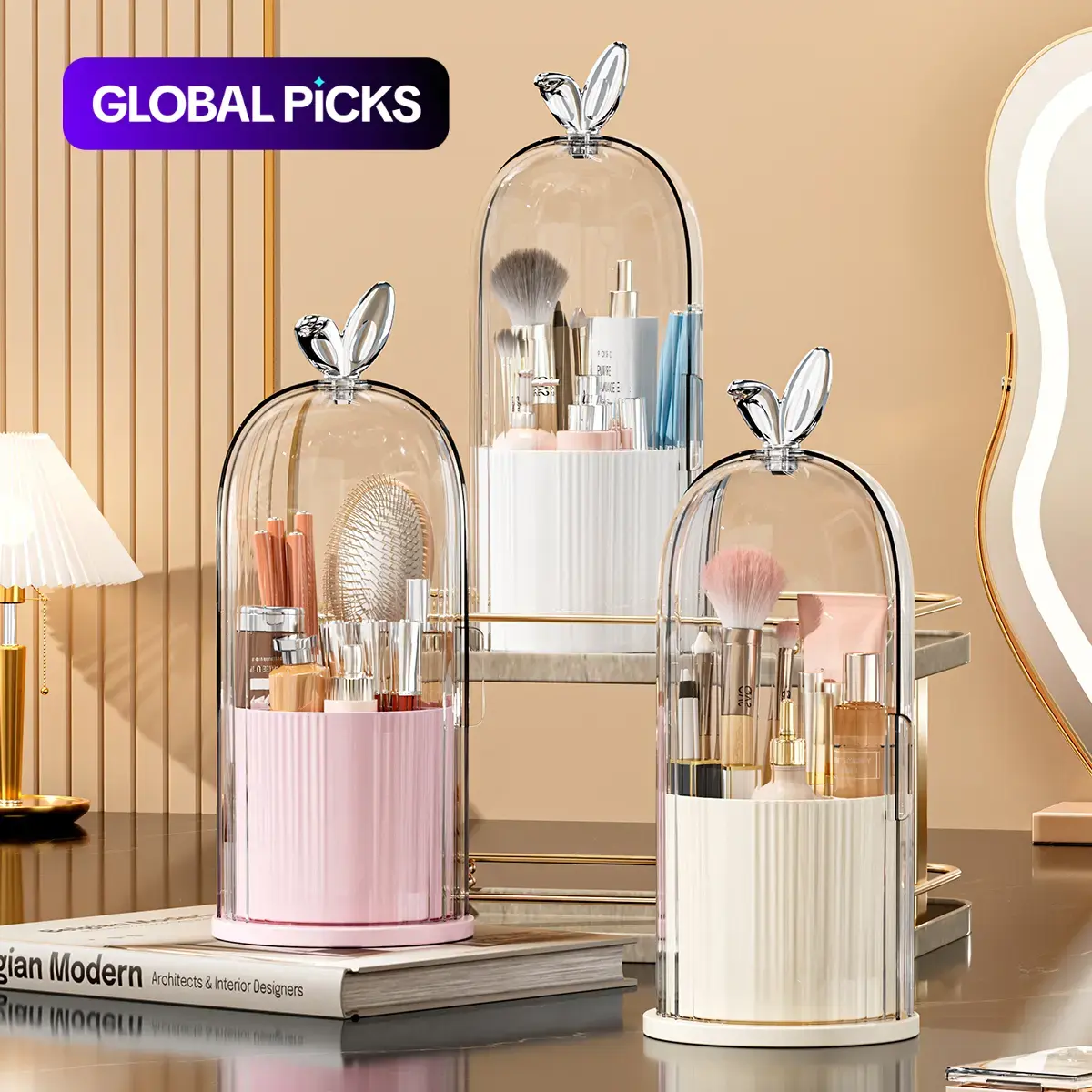 Makeup brush storage box, 1 piece, 360-degree rotating dustproof makeup brush holder with lid, suitable for bedroom, bathroom, salon, hotel, cosmetic organizer, beauty organizer, makeup storage box #     Global Selection