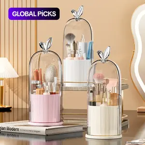 Makeup Brush Storage Box, 1 Count 360 Degree Rotatable Dustproof Makeup Brush Holder with Lid, Durable Plastic Organizers, Cosmetic Organizer for Bedroom Bathroom Salon Hotel, Beauty Organizer, Cosmetics Organizer Storage #GLOBAL PICKS
