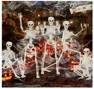 5 Pack Halloween Hanging Skeleton- 16in Full Body Posable Joints Skeleton with 22 Spiders& Cobweb Scary Outdoor Halloween Decorations Indoor Spooky Party Favors Photo Props Halloween Tree Decors
