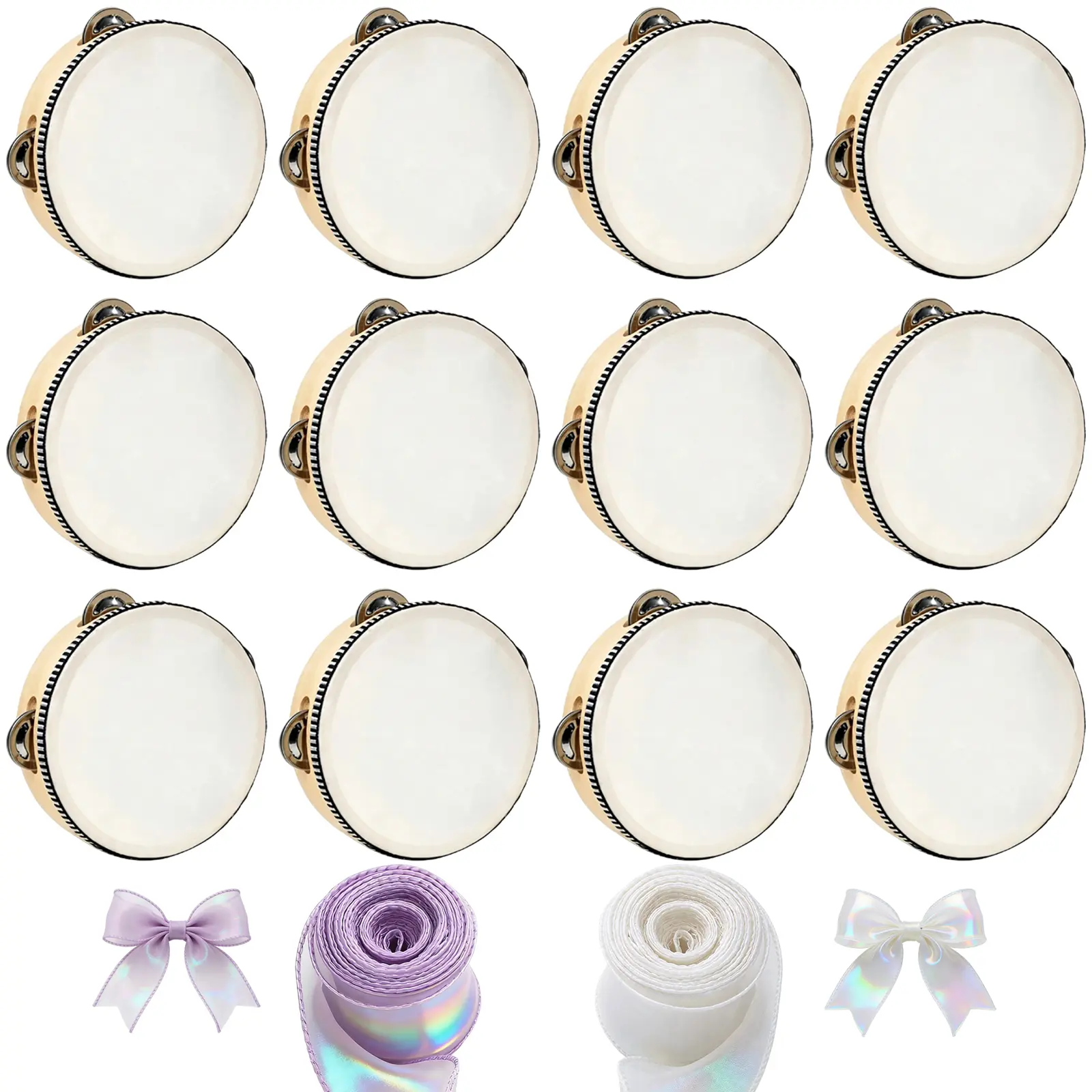 6/12/24 Pcs Wedding Tambourines – DIY Hand Drum with Metal Jingles & Ribbons for Party & Church.(4 Inch)