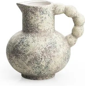 Antique Flower Vase with Handle, Vintage Pitcher Terracotta Vases, Boho Farmhouse Stone Pottery Vases, Rustic Decorative Vase for Home, Table, Living Room, Mantel, Wedding 6.9 Inch
