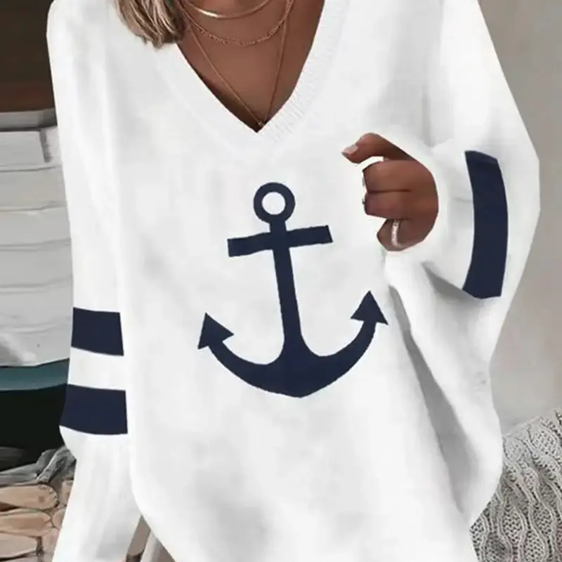 Women's Striped & Anchor Print Drop Shoulder V Neck Sweater Tops, Casual Long Sleeve Pullover Jumper for Daily Wear, Comfy Women's Knitwear for Spring & Fall