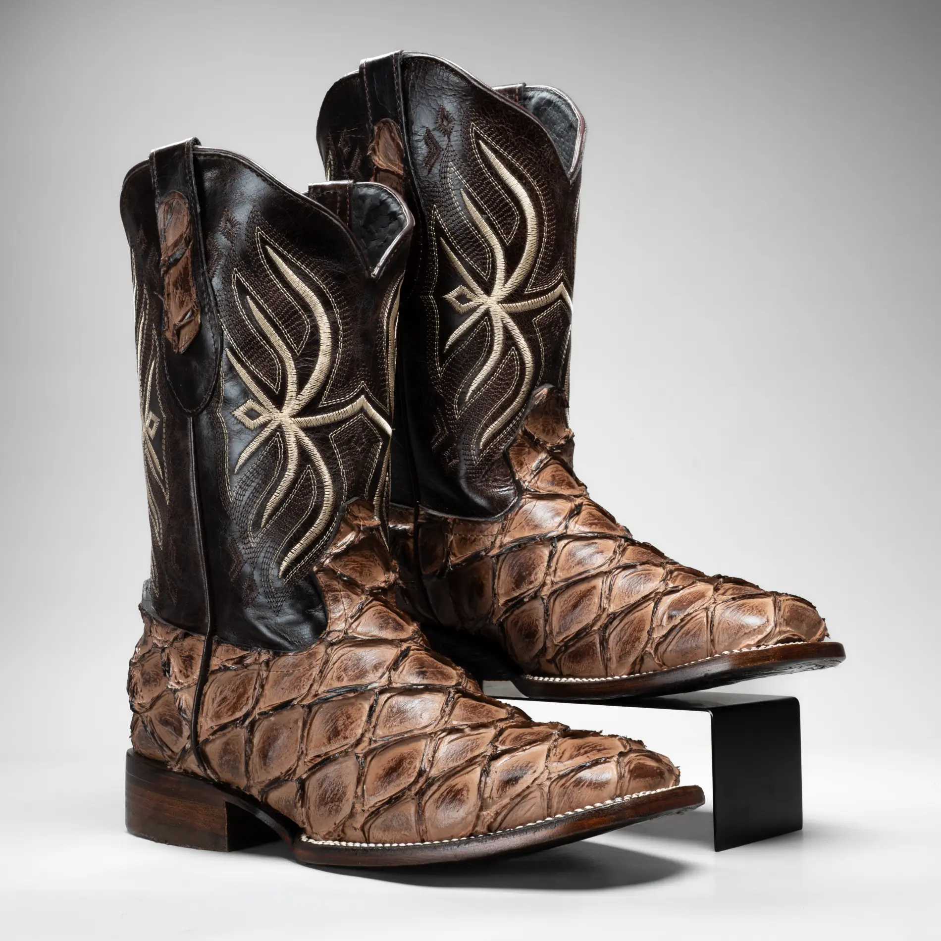 Men's Western Boots: Pirarucu Monster Fish Print Square Toe Cowboy & Rodeo Boots
