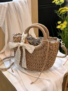 Women's Mini Handbag, Boho Style Beach Vacation Straw Bag, Solid Color Design, All-Season Accessory for Women