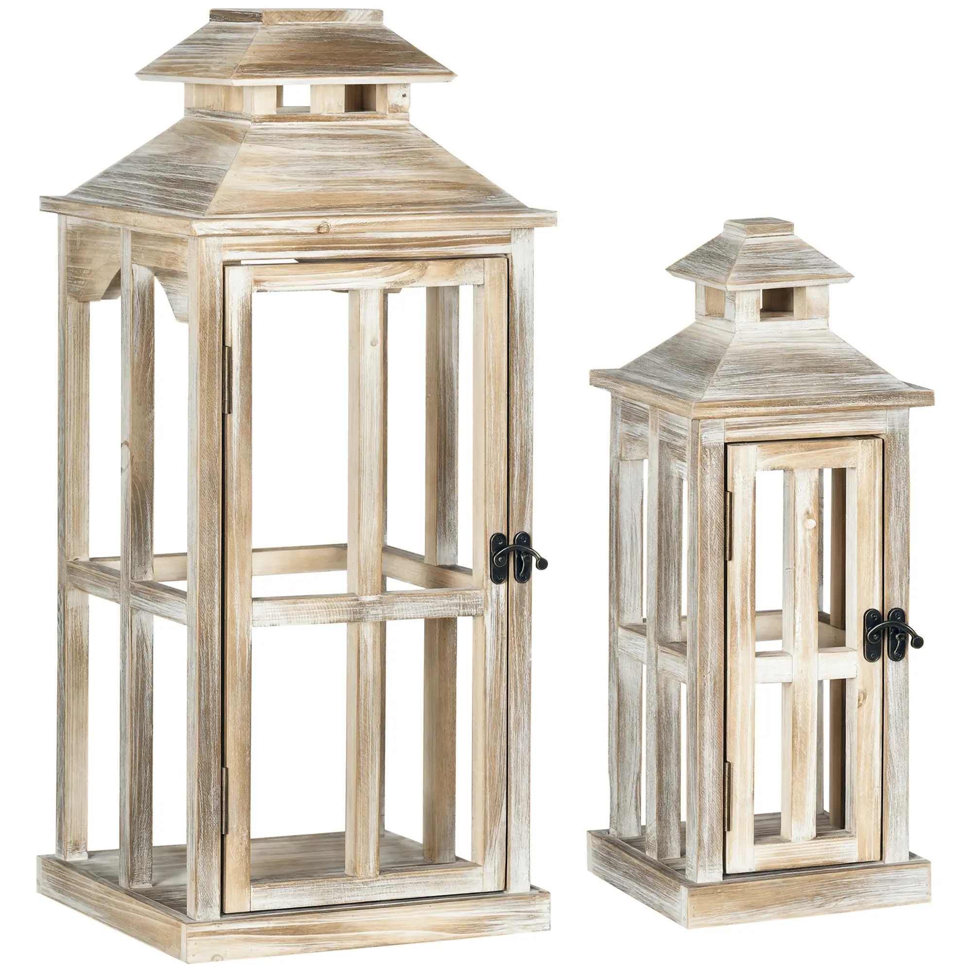 2 Pack Rustic Wooden Lanterns – Natural. 28" H (Large) + 20" H (Small). Wooden House Shape + All-Fir Wood. Indoor/Outdoor Covered Use. No Glass