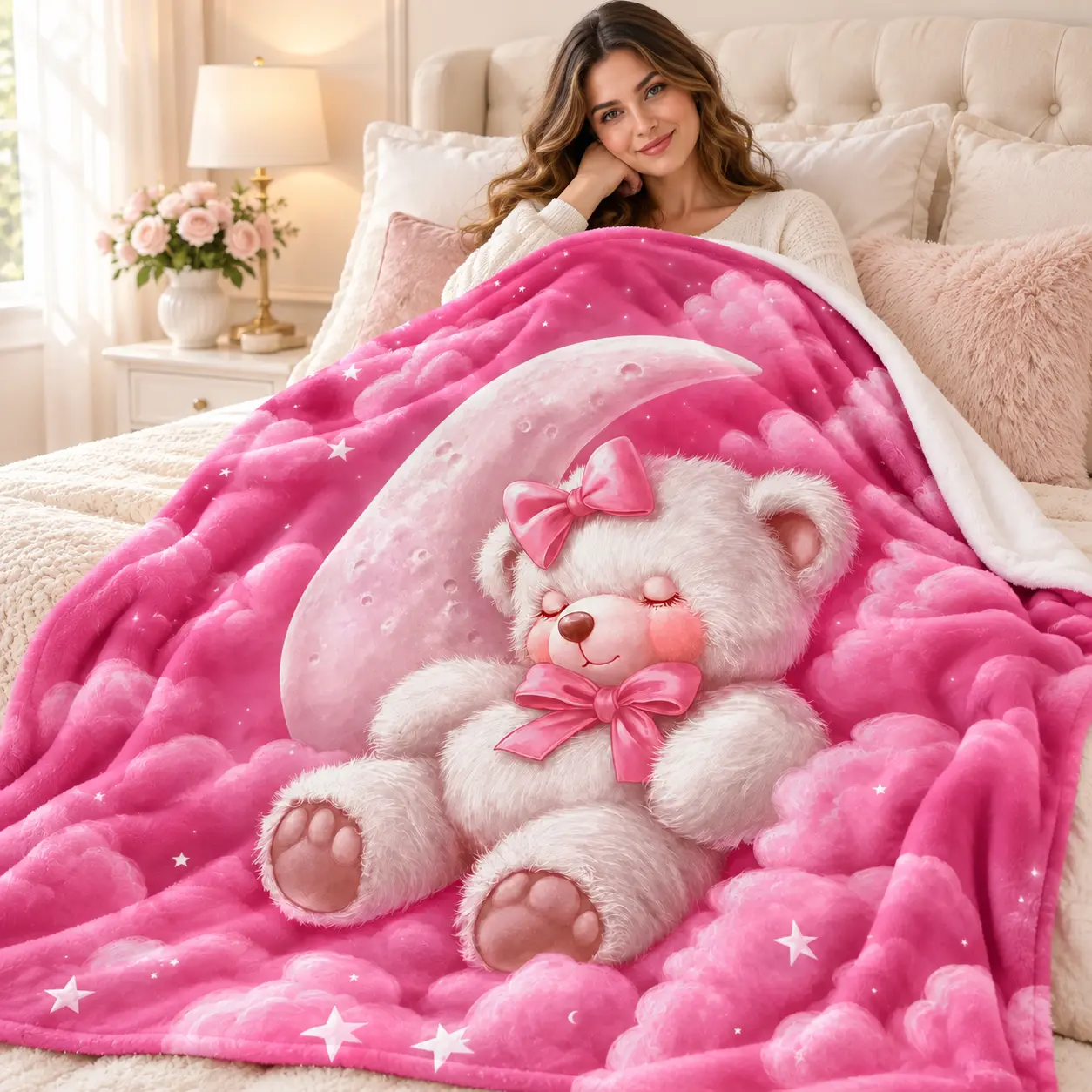 Classic Ultra-Soft Flannel Pink Coquette Teddy Bear Sleeping Blanket - Starry Print Throw, Bow Aesthetic Nap Cover, Kawaii Healing Pattern Girls' Gift for Home/Sofa, 2026 Cozy Bedding Must-Have Cute Bedroom Decor Plush Throw Blanket