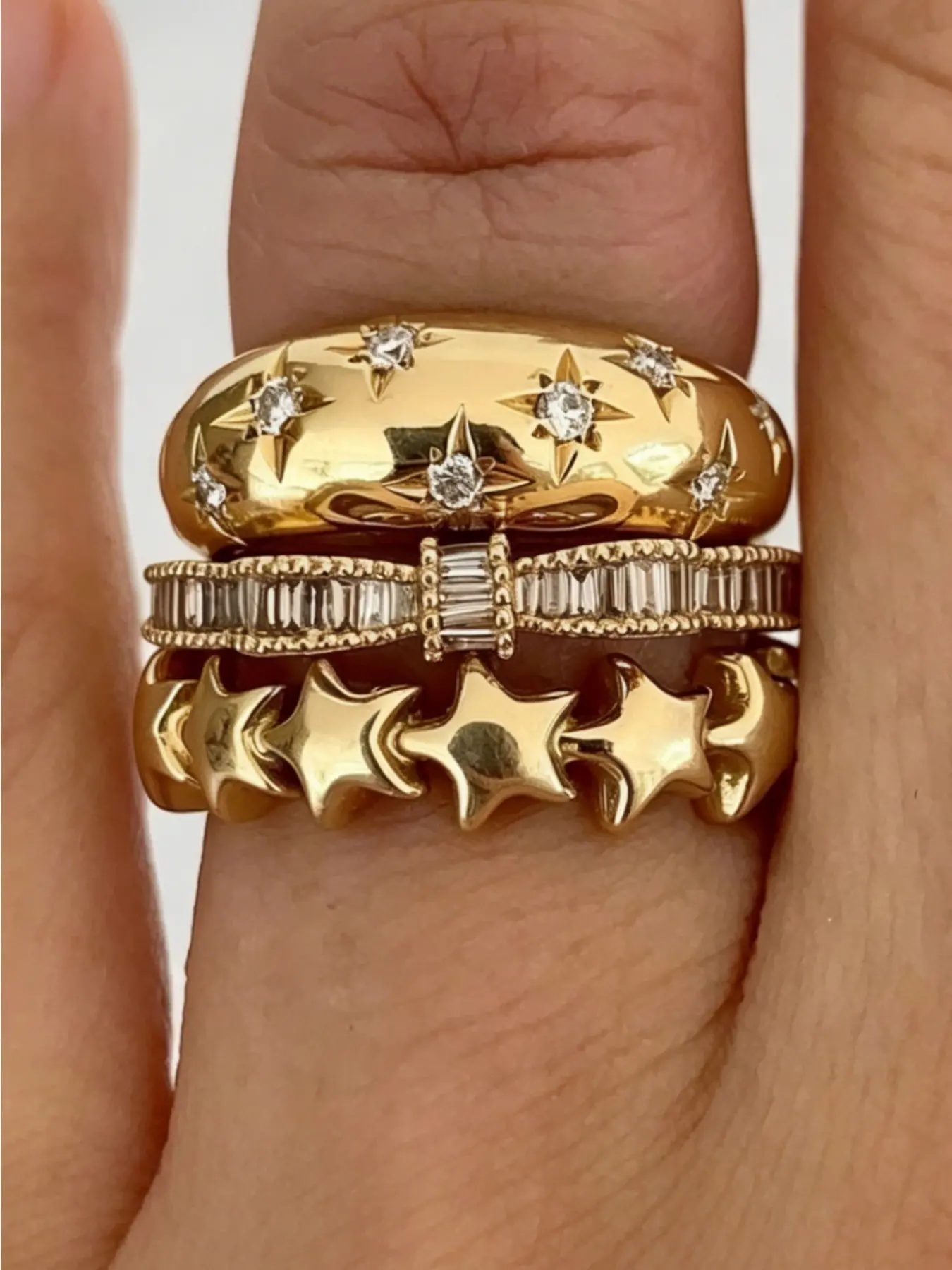 3-Piece Vintage Star Bow Zircon Stackable Knuckle Rings Set for Women, Bold Metal Design, Elegant Party Jewelry, Perfect Gift, Bohemian Stackable Finger Rings