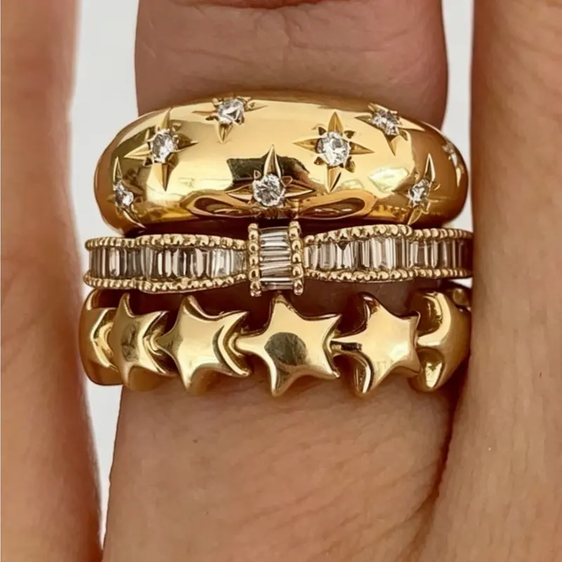 3-Piece Vintage Star Bow Zircon Stackable Knuckle Rings Set for Women, Bold Metal Design, Elegant Party Jewelry, Perfect Gift, Bohemian, Ring Stacks