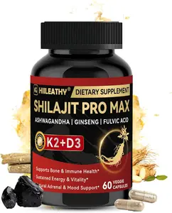 Shilajit for Men Women, Shilajit w/Vitamin D3 K2, Shilajits for Men w/Fulvic Acid Ashwagandha Ginseng Root, Shilajits for Extra Power Stamina Immune Support, Non-GMO Made in US 60 Capsules