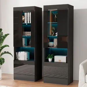 Amerlife 2 Piece 71in Tall Bookcase Storage Cabinet with Glass Doors, Modern High Gloss LED Bookshelf Display with 5 Tier Storage Shelves & Adjustable Glass Shelves for Living Room Study Office, Black