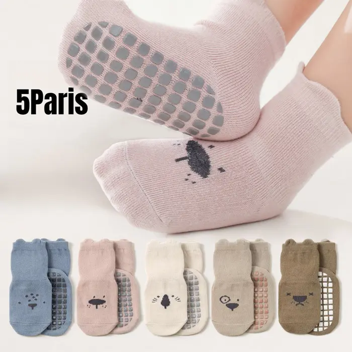 5 Pairs Cute Animal Non Slip Baby Socks, Ultra Soft Breathable Cotton Grip Socks with Anti-Skid Silicone Sole for Newborn Infants Toddlers Boys Girls, Cute Cartoon Pattern Socks for Daily Walking & Playtime