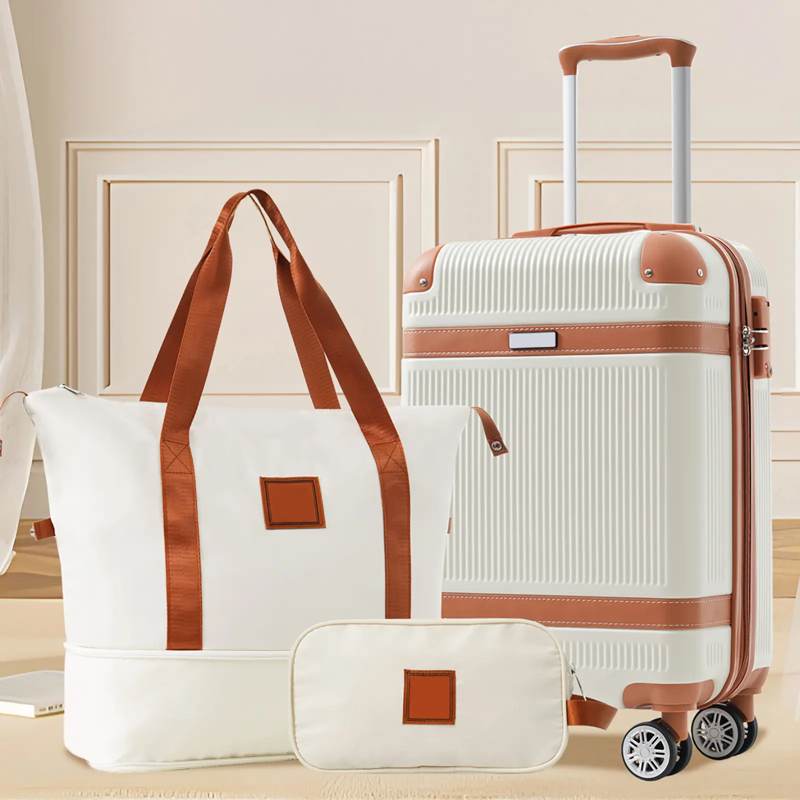 3-Piece Retro Travel Luggage Set, 20'' Hardshell Carry-On Suitcase with Expandable Weekender Bag & Toiletry Bag, Lightweight Durable ABS Luggage with Spinner Wheels & TSA Lock – Perfect for Business Trips & Weekend short trip