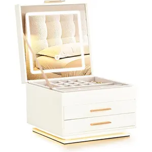 Ubesgoo Jewelry Box with 3-Color Mirror Light & Ambient Glow, Jewelry Organizer with Drawers, Jewelry Storage, Jewelry Holder for Earrings Necklace,Jewelry Display Case, Rotating Jewelry Storage Box