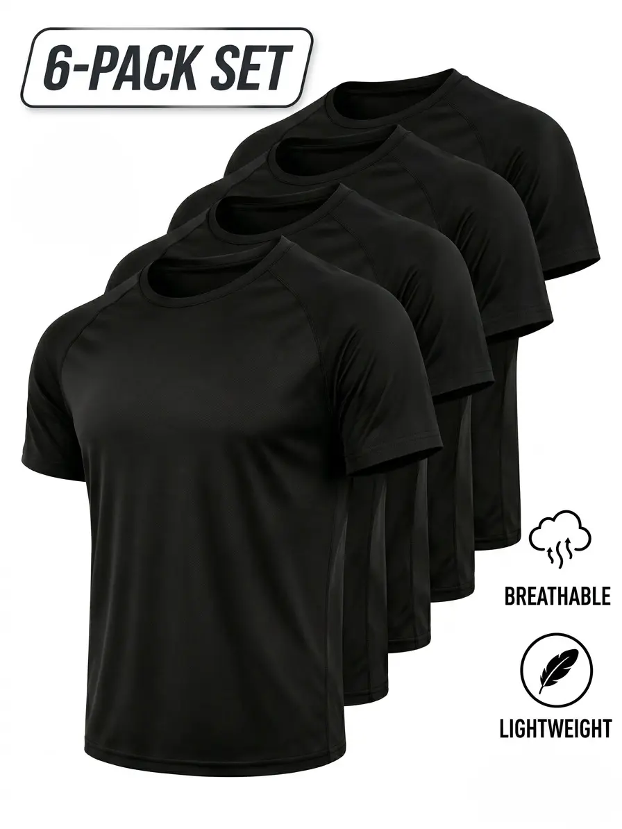 6-Pack Men's Athletic T-Shirts, Quick-Dry Polyester Mesh Crewneck with 4-Way Stretch, Lightweight Undershirt for Gym Workouts, 100% Premium Polyester Mesh Blend, 4-Way Stretch & Shape Retention Gym Training Sportswear Gym Daily Wear