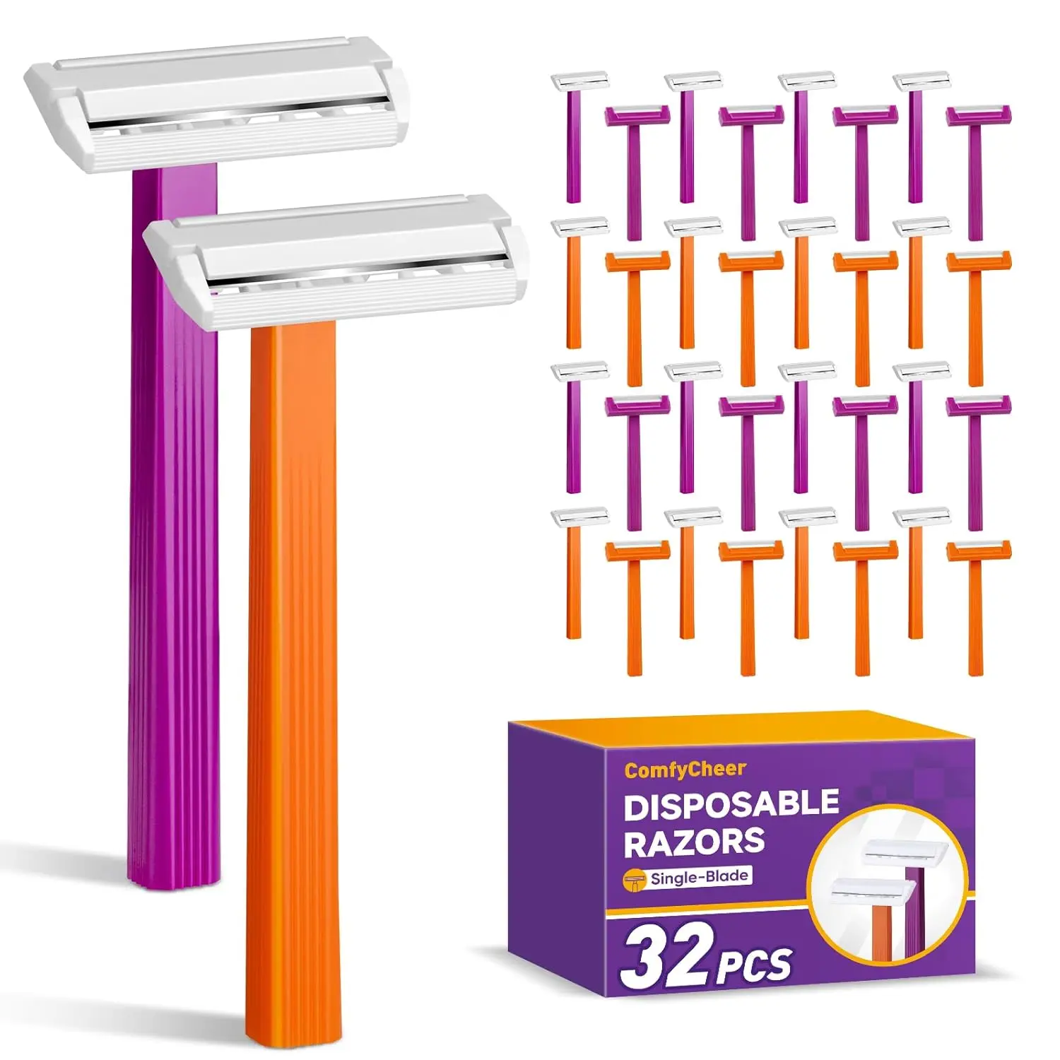 Men's Disposable Razors, 32-Count Bulk Pack with Single Stainless Steel Blade for Shaving Sensitive Skin and Body Hair Removal, Single Blade, Smooth Shave
