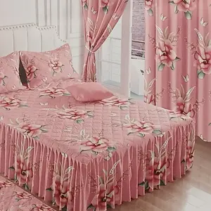 9 PCS Bed Ruffle set in teal Floral Design for Home decor king size comfortable soft texture includes  curtains slippers cushions rug