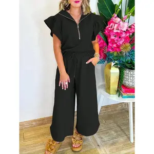 Women's elegant solid color textured ruffle sleeve half-zip top T-shirt sweatshirt and high waist wide-leg pants set, comfortable and fashionable, suitable for sports, daily leisure, outdoor activities, parties, lazy time wear