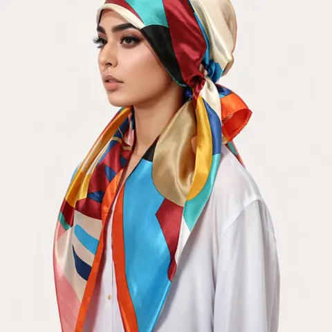 【Black Friday】Women's Color Block Print Square Head Scarf, Satin-Look Hijab and Hair Wrap for Daily Wear