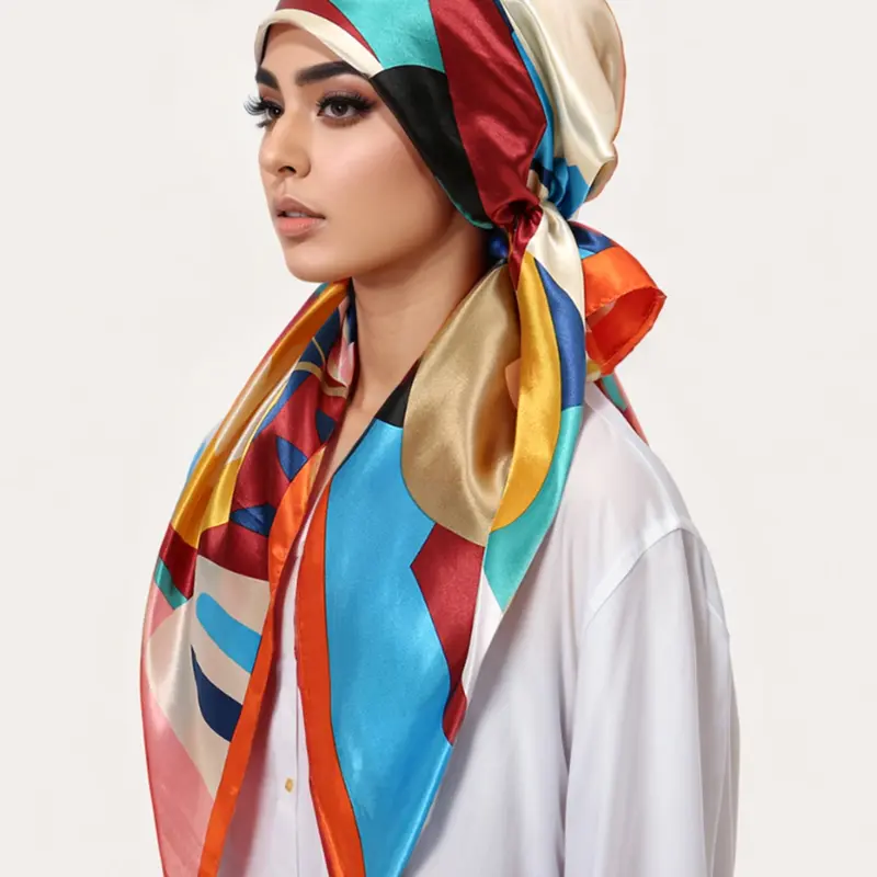 【Black Friday】Women's Color Block Print Square Head Scarf, Satin-Look Hijab and Hair Wrap for Daily Wear