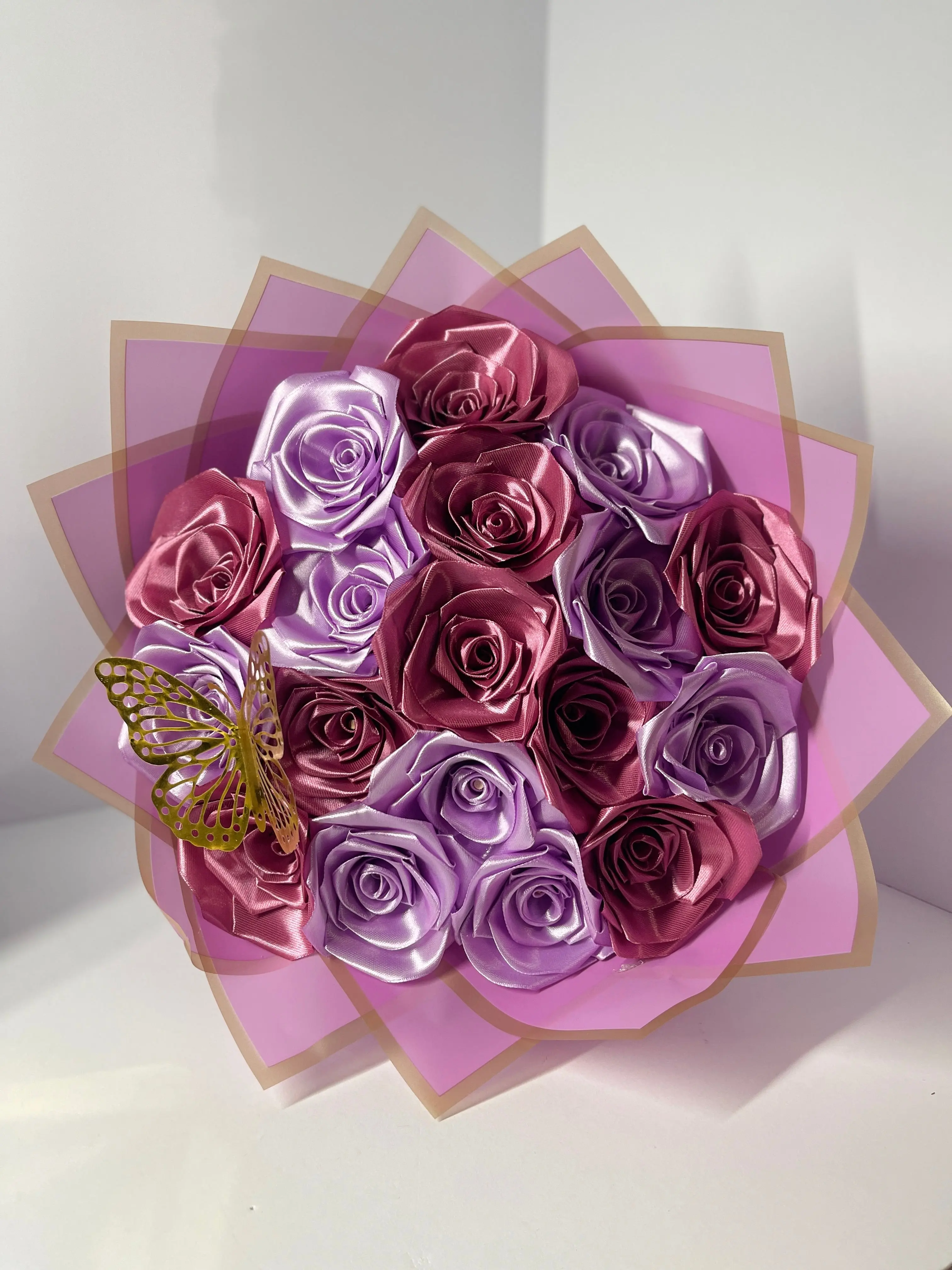 Handcrafted Satin Ribbon Rose Bouquet Flowers - Eclectic Maroon, Lavender Grape Mix with Golden Butterfly, Geometric Ornaments for Home Festive Decor