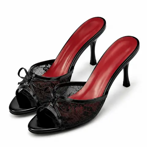 Office Siren Vintage Black Lace Mules Elegant Fashionable Sandals Women | Red Insole Kitten Heels Classics Footwear