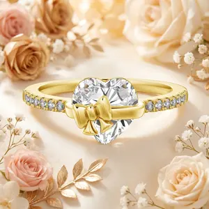 Tied With Love Promise Ring – Gold Heart Bow Ring – 925 Sterling Silver – Gift for Girlfriend, Wife, Anniversary, or Birthday, Heart Bow Ring – Full Diamond Promise Ring GF, Romantic Engagement Style, Anniversary Gifts for Her