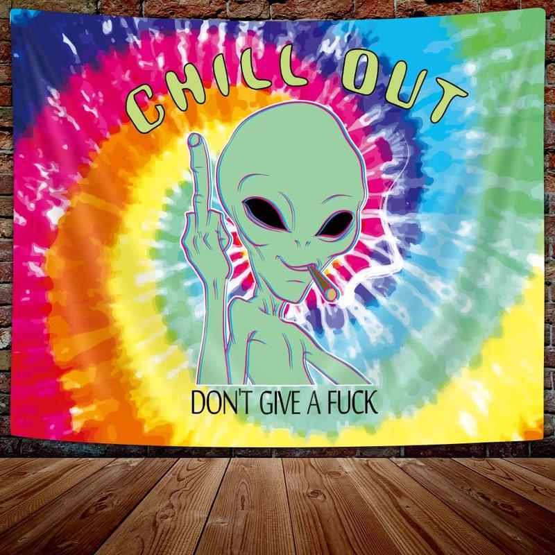 Trippy Fun Alien Tapestry Weed Marijuana Smoking Wall Tapestry for Bedroom, Psychedelic Tie Dye Stoner Tapestries for Men Aesthetic Hippie Wall Art Poster Dorm Home Decor. Multiple sizes are available for selection.