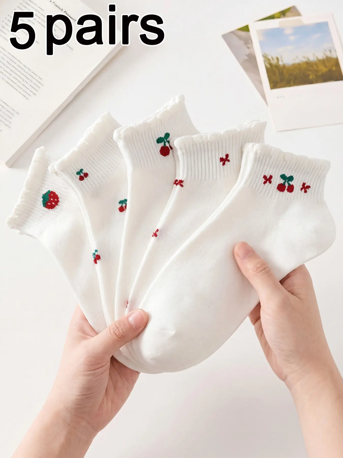 5 Pairs Women's Cute Cherry Strawberry Pattern Short Knitted Multipack Socks, Comfortable Sweet Sports Casual Daily Socks, Spring Summer Fashion Accessories, Casual Comfy Socks