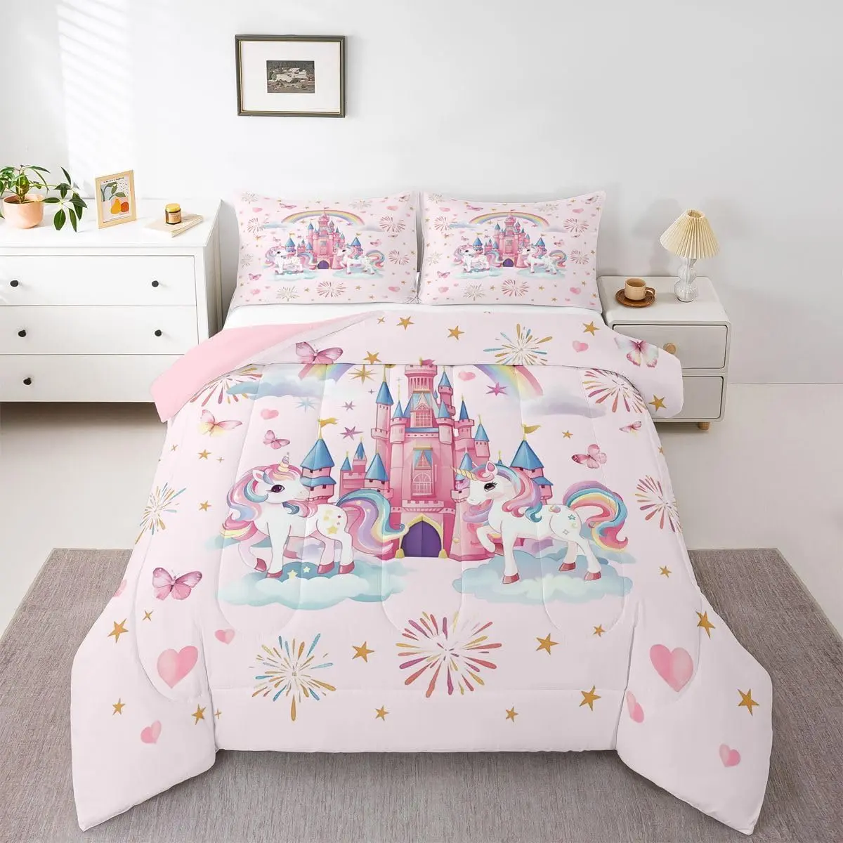 Unicorn Comforter Set Castle Bedding Set for Kids Boys Girls Cartoon Animal Duvet Quilt Rainbow Bedroom Decor Microfiber